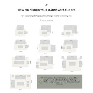 Peut inclure: Diagramme montrant diff&eacute;rentes tailles de tapis pour un salon avec un canap&eacute; et des chaises. Le diagramme montre comment placer un tapis dans un salon avec des meubles de diff&eacute;rentes tailles. Les tailles des tapis sont indiqu&eacute;es en centim&egrave;tres.