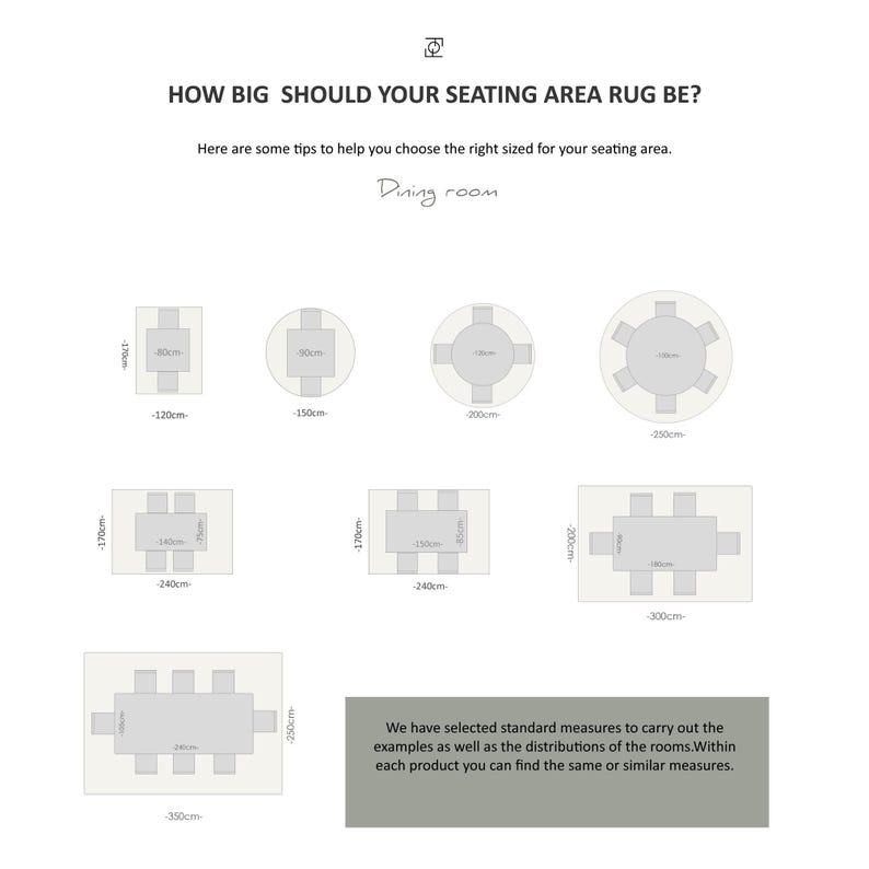 Peut inclure: Diagramme montrant comment choisir la bonne taille de tapis pour une salle &agrave; manger. Le diagramme montre des tapis de diff&eacute;rentes tailles avec des tables et des chaises plac&eacute;es dessus. Le texte indique "Quelle doit &ecirc;tre la taille de votre tapis de salon ?" et "Salle &agrave; manger".