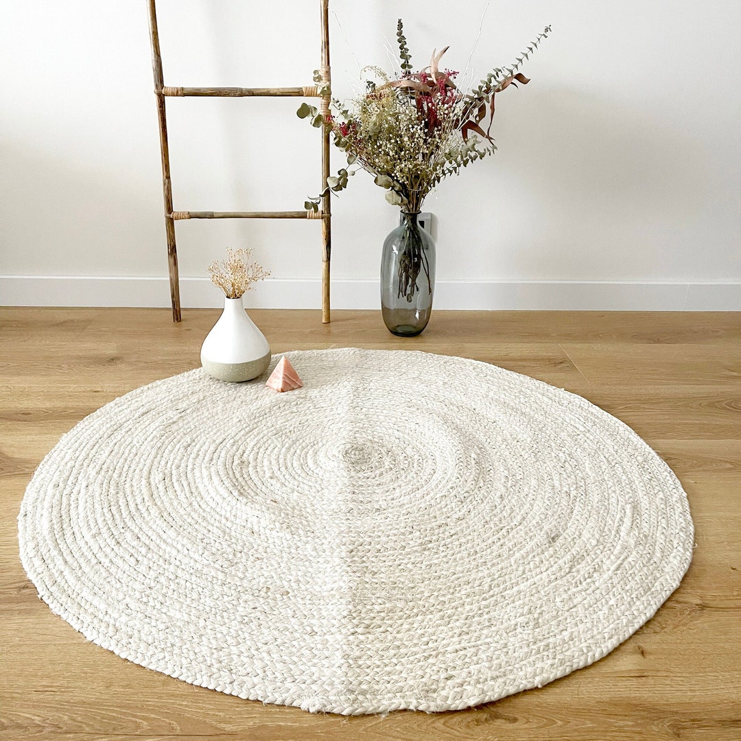 Round Warm White Jute Rug.offwhite Jute Rug. Jute Braided Rug. Eco Rug.vegan Rug.living Room