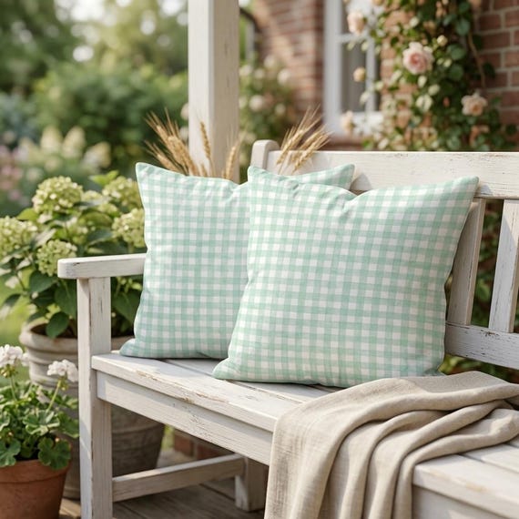 Mintgrünes Vichy-Karo Kissen, Landhaus Dekokissen, Frische Frühling Sommer Deko