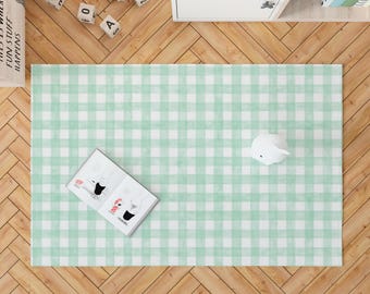 Mint Green Gingham Nursery Rug: Farmhouse Plaid Play Mat, Machine Washable