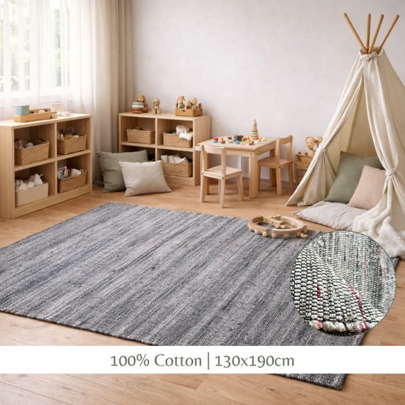 Grauer Baumwollteppich 130x190cm, Moderner Minimalistischer Gewebter Wohnzimmerteppich