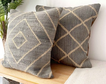 Kilim Cushion Cover - Chobi Pakistani Geometric Pattern, blue Wool, Ethical Home Decor, Perfect Housewarming Gift (pack of 2)