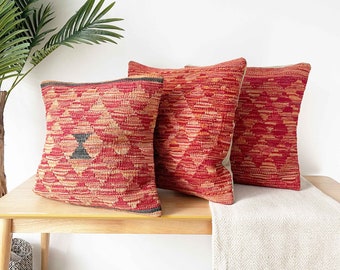 Pillow Cover - Chobi Kilim Cushion, Wine-Colored Geometric Wool, Cozy Home Decor Accent, Unique Housewarming Gift (set of 3)