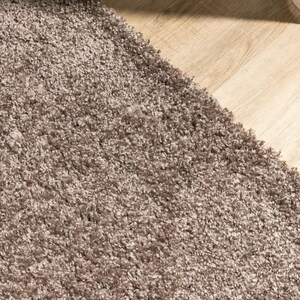 May include: Close-up of a plush, textured rug in a neutral taupe color. The rug has a dense, shaggy pile, creating a soft and inviting appearance. The rug's edge meets a light-colored wooden floor.