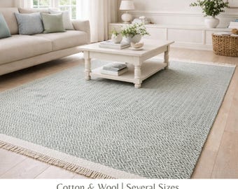 Tapis tissé à la main en laine et coton, style Hamptons, couleur menthe, tissage plat