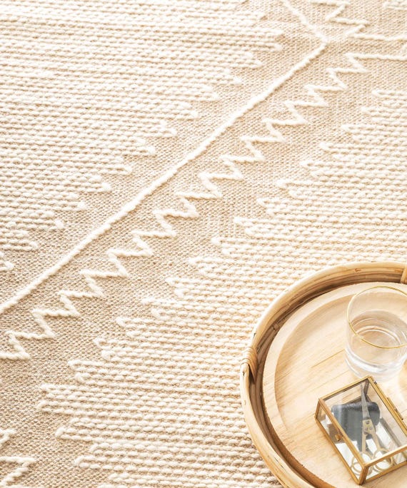 Handwoven Cotton Wool Rug: Boho Scandinavian Geometric Design