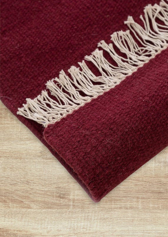 Red Wool Rug with Fringe, Handwoven Solid Flatweave Area Rug for Living Room, Burgundy Nordic Rug