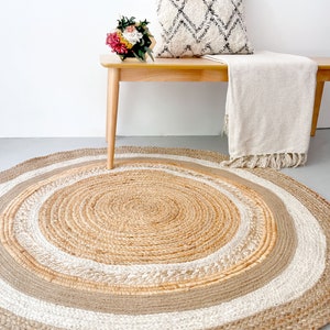 Boho round jute and white rug ideal nursery decor, bedrooms, Eco Friendly Rug, Hand-braided Natural round Jute Rug for slow home decor 120cm