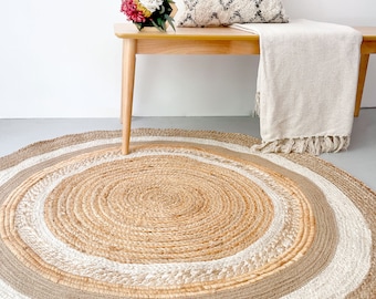 Boho runder Jute und weißer Teppich ideales Kinderzimmerdekor, Schlafzimmer, Eco freundlicher Teppich, handgeflochtener runder natürlicher Juteteppich für langsame Wohnkultur 120cm