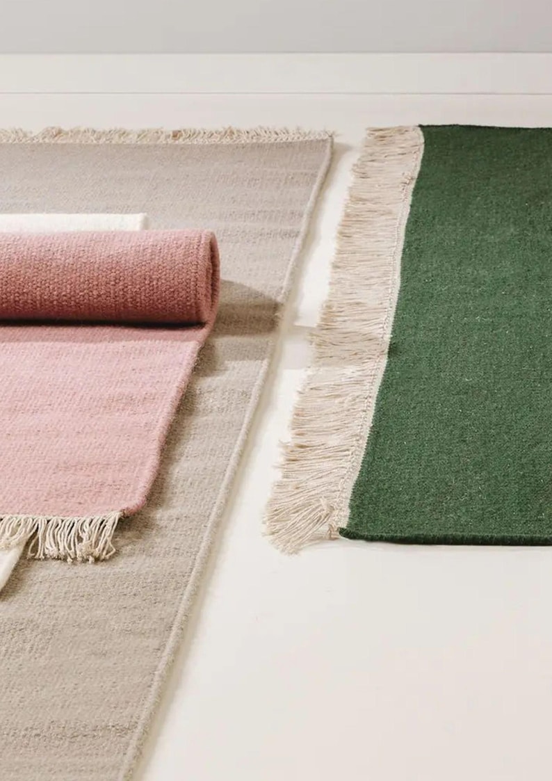 Rood wollen vloerkleed met franjes, handgeweven effen platgeweven vloerkleed voor de woonkamer, bordeauxrood Scandinavisch vloerkleed afbeelding 8