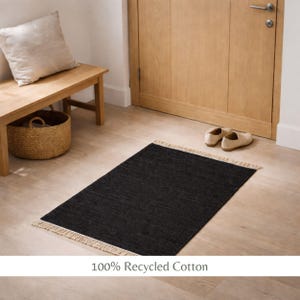 Black Recycled Cotton Entryway Rug – Small Eco Friendly Handwoven Accent Mat with Fringe – Modern Minimalist Door Rug 60x100 cm