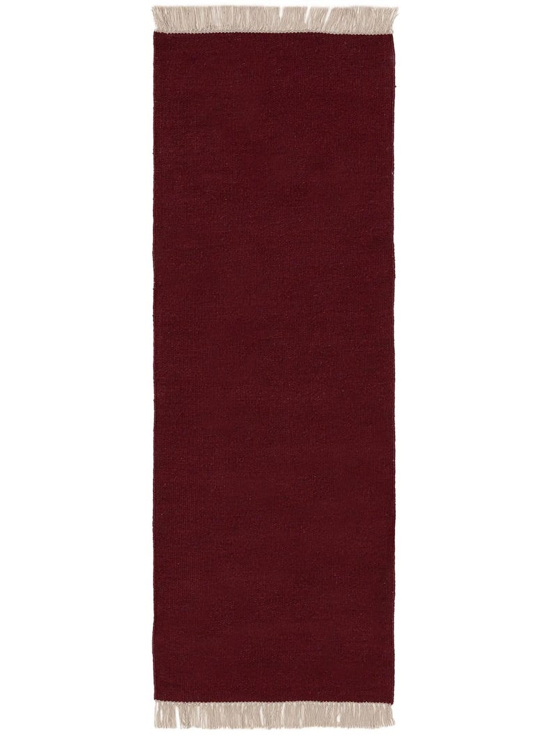 Rood wollen vloerkleed met franjes, handgeweven effen platgeweven vloerkleed voor de woonkamer, bordeauxrood Scandinavisch vloerkleed afbeelding 4
