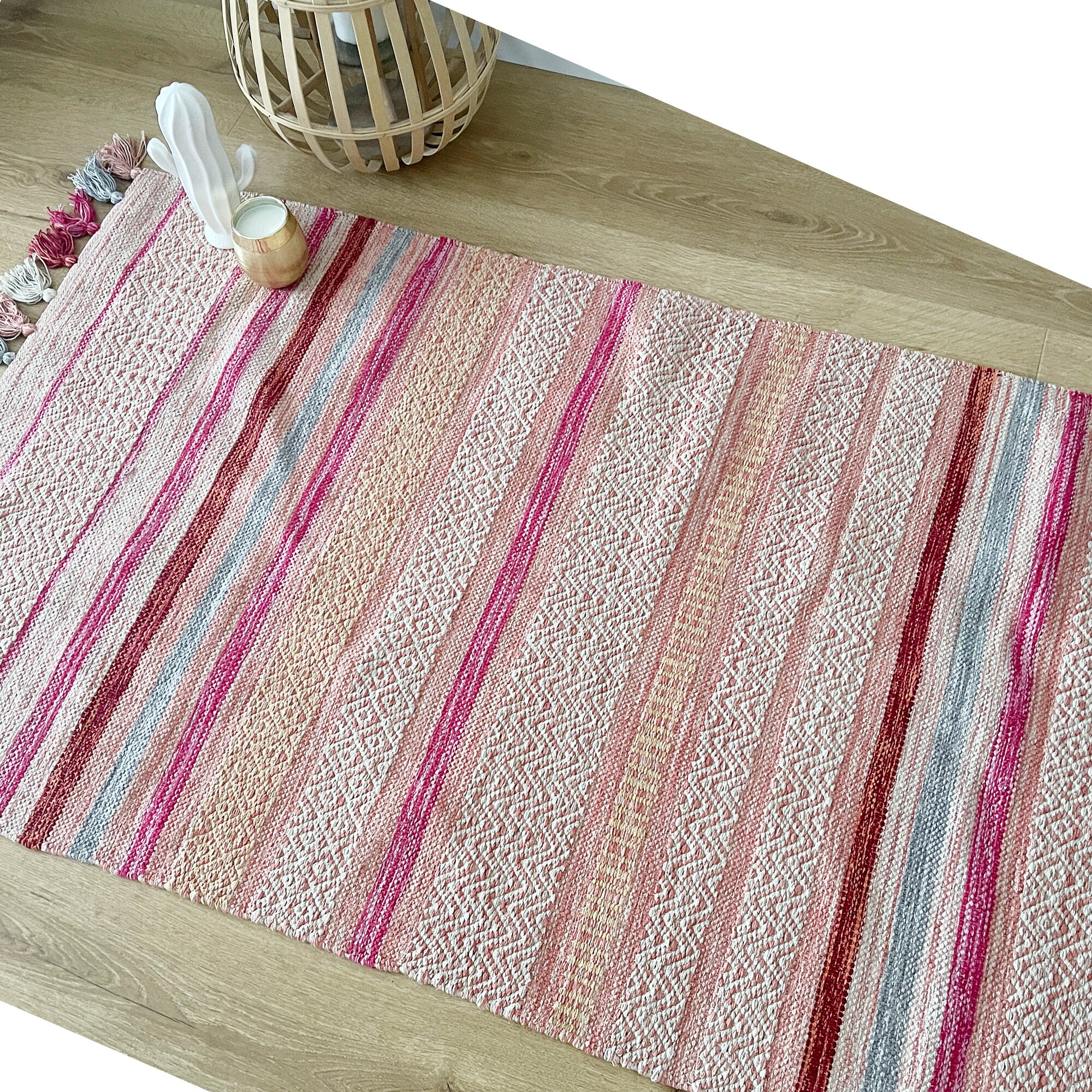 Boho Girls Room Rug.pink and Grey Colorful Cotton Rug.bohemian Etsy