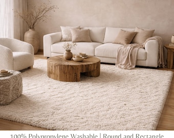 Cream Washable Shaggy Area Rug, Soft Solid Polypropylene Rug with Non Slip Backing
