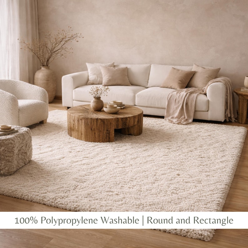 Washable shaggy polypropylene area rug with non slip backing in a modern living room.