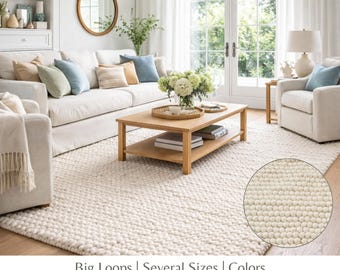 Chunky Wool Rug: Handwoven Scandinavian Off-White Design Loops Carpet