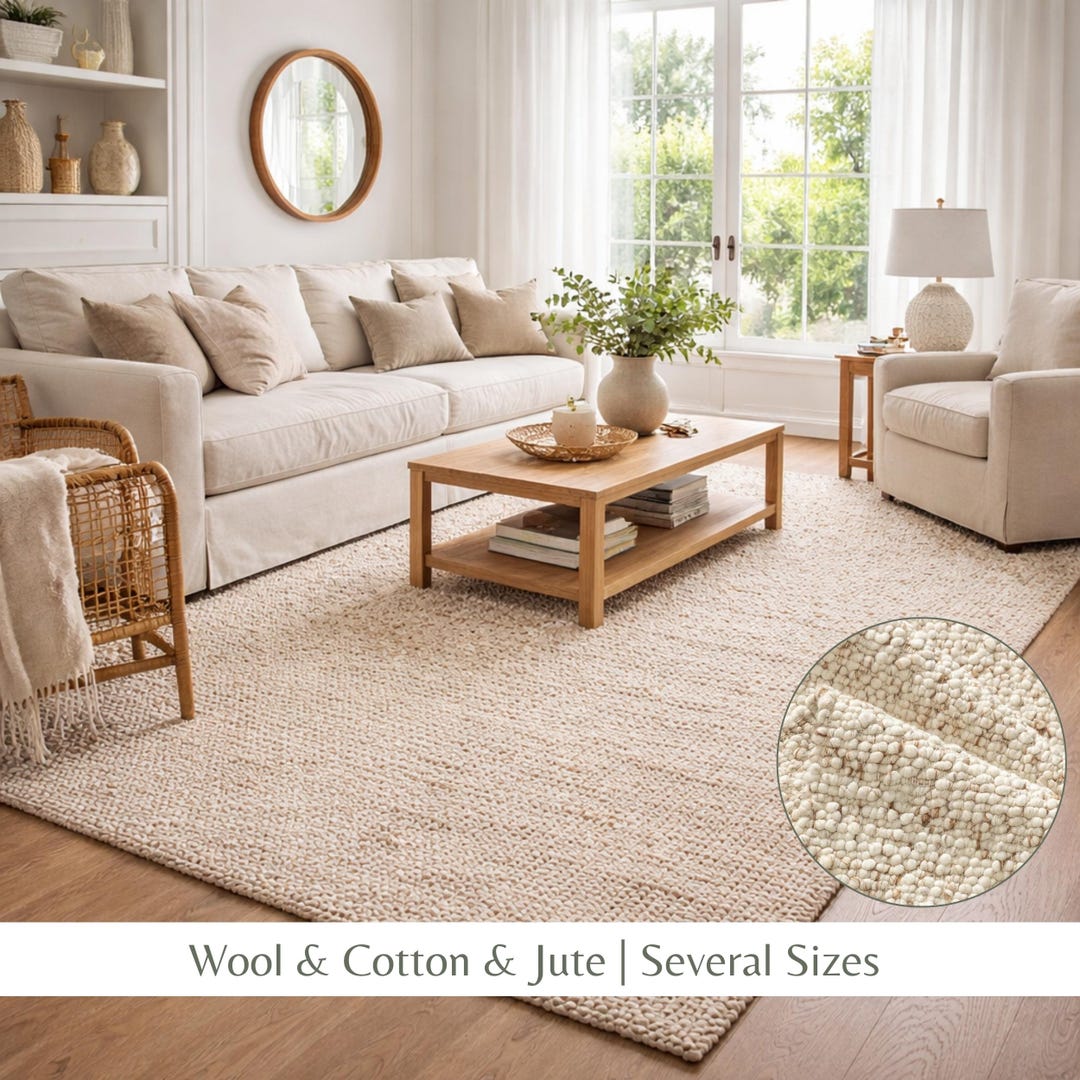 Chunky Wool Loop Rug, Textured Pebble Neutral Area Carpet Large Sizes ...
