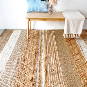 Boho jute rug in two-tones white and natural, Bohemian rug with geometric design for home decor, fiber braided rug for a boho nursery room