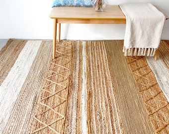 Alfombra boho de yute bicolor blanco y natural, alfombra boho con diseño geométrico para decoración del hogar, alfombra trenzada de fibra para habitación infantil boho