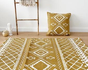 Ethnic Mustard Cotton Rug - Bohemian Style Handwoven Area Carpet for Boho Chic Interiors