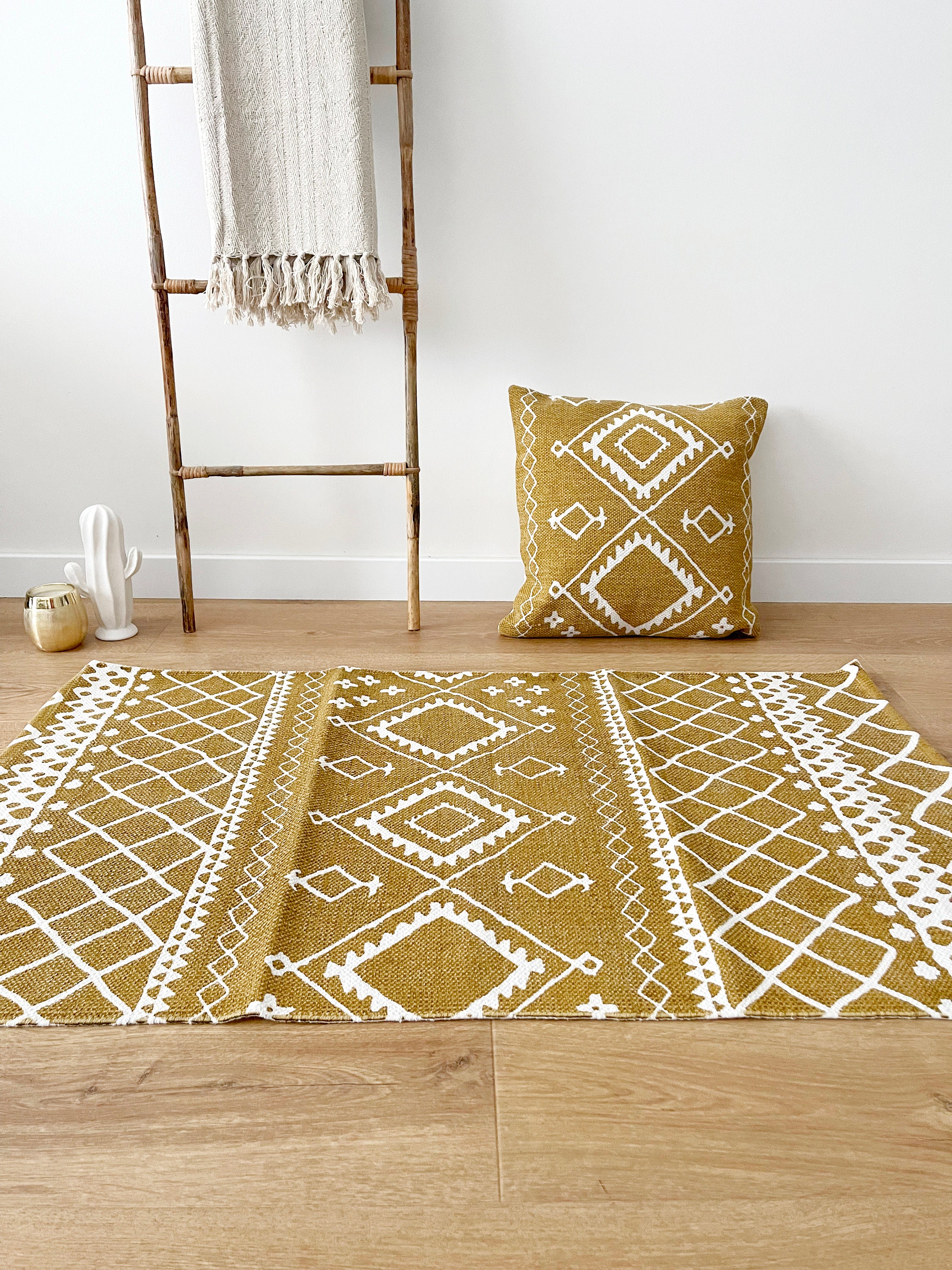 Mustard Cotton Runner Rug, Scandinavian Boho Style, Vegan Rug for Living Room, Bathroom, Bedroom or Kitchen