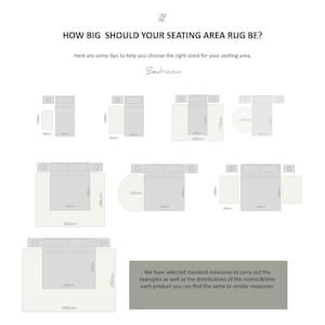 Peut inclure: Diagramme montrant diff&eacute;rentes tailles de tapis pour un coin salon dans une chambre &agrave; coucher. Le diagramme montre un lit avec un tapis plac&eacute; en dessous. Les tailles des tapis sont indiqu&eacute;es en centim&egrave;tres.