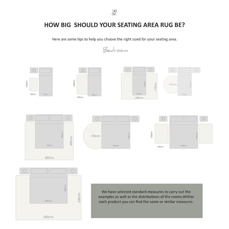 Peut inclure: Diagramme montrant diff&eacute;rentes tailles de tapis pour un coin salon dans une chambre &agrave; coucher. Le diagramme montre un lit avec un tapis plac&eacute; en dessous. Les tailles des tapis sont indiqu&eacute;es en centim&egrave;tres.