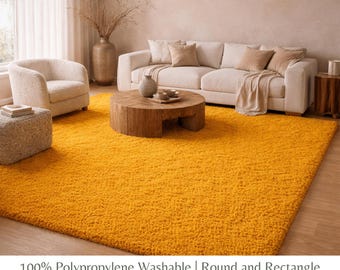Modern Durable Mustard Washable Rug Soft Minimalist Yellow Area Carpet for Living Room & Bedroom