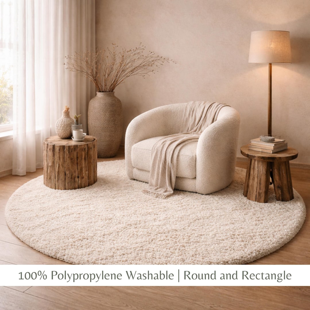 Cream Round Shag Rug, Washable High Pile Circle Rug, Minimal Japandi ...