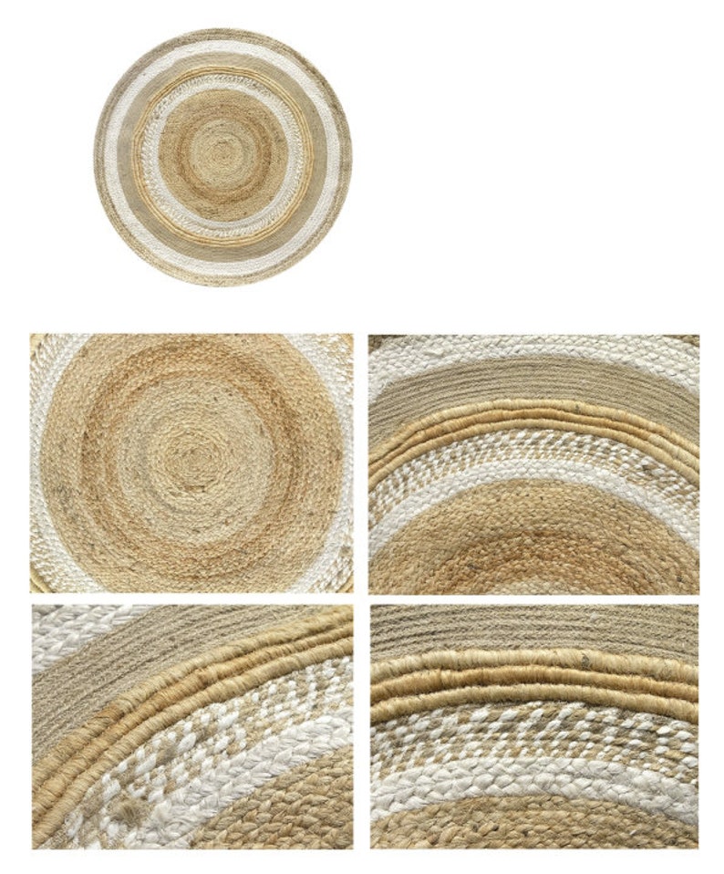 May include: A round jute rug with a white and natural color striped pattern. The rug has a woven texture and is made of natural fibers.