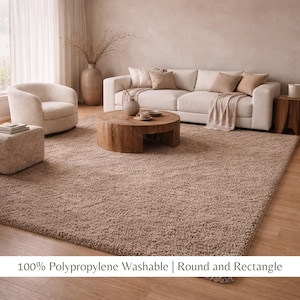 Cream Washable Shaggy Area Rug, Soft Solid Polypropylene Rug with Non Slip Backing Beige