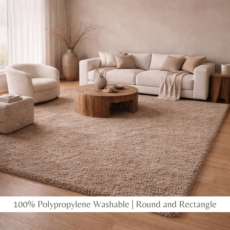 Cream Washable Shaggy Area Rug, Soft Solid Polypropylene Rug with Non Slip Backing Beige