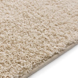 May include: Close-up of a beige, plush rug with a soft, textured surface. The rug has a thick pile, creating a cozy and inviting appearance. The edges are neatly finished with a subtle border.