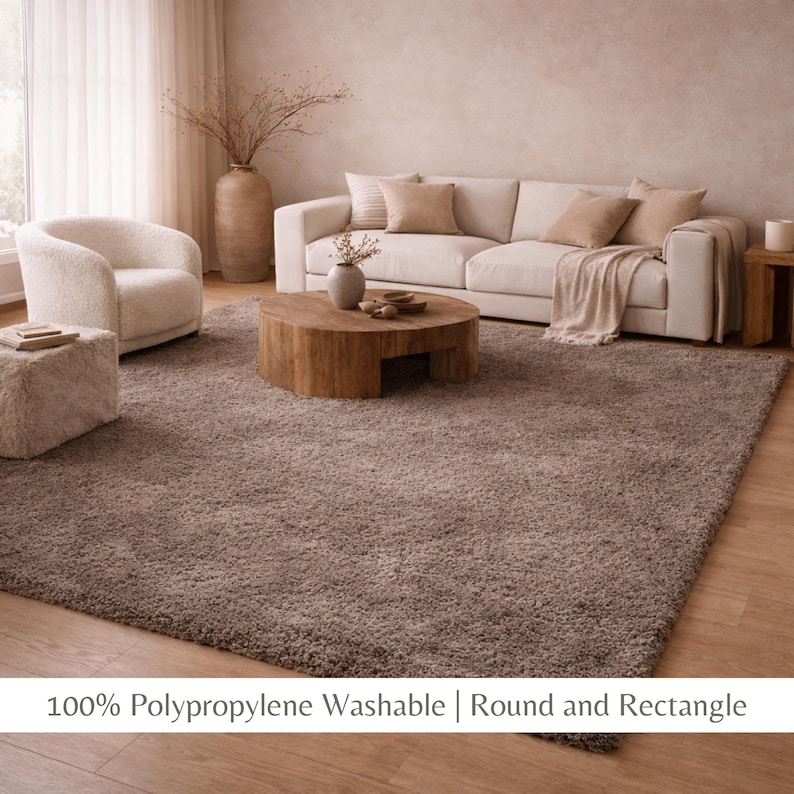 Cream Washable Shaggy Area Rug, Soft Solid Polypropylene Rug with Non Slip Backing Taupe