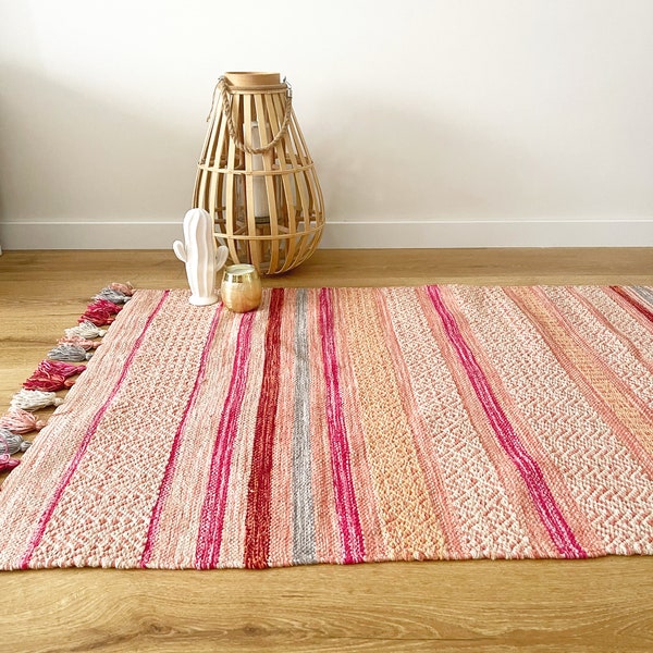 Boho Girls Room Rug.Pink and grey Colorful Cotton rug.Bohemian Rainbow Farmhouse Nursery Decor. Vegetable Dyes and vegan rug. Scandi rug