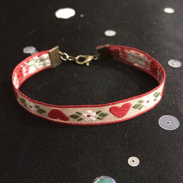 Boho Heart Ribbon Bracelet, Vintage style Ribbon Bracelet with red hearts and flowers, Heart Jewelry