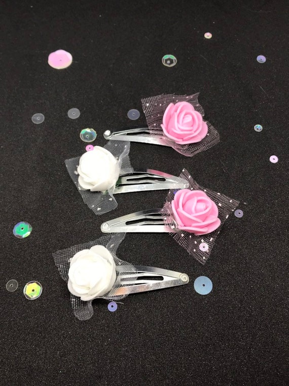 Flower Hair Clips Rose Hair Clips Pink & White Floral Hair Etsy