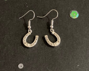 Silver Horseshoe Earrings, Vintage Style Dangly Charm Earrings, Lucky Horseshoe Jewelry