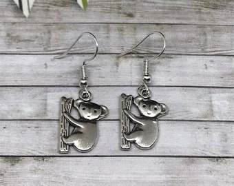 Silver Koala Earrings, Vintage Style Dangly Charm Earrings, Koala Jewelry