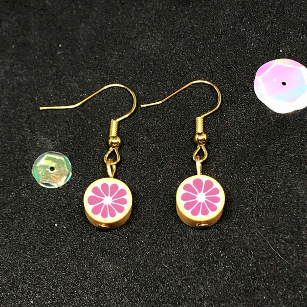 Purple Grapefruit Earrings on Gold Hooks, Vintage Style Dangly Charm Earrings with Miniature Fruit, Fruit Jewelry