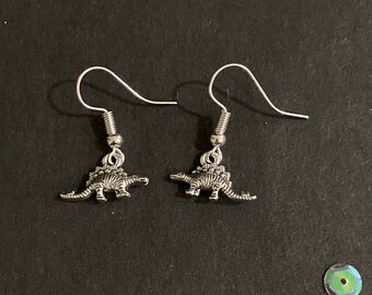 Silver Dinosaur Earrings, Vintage Style Dangly Charm Earrings, Stegosaurus Jewelry