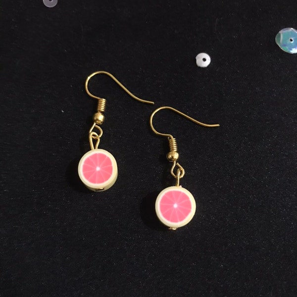 Grapefruit Earrings on Gold Hooks, Vintage Style Dangly Charm Earrings with Miniature Fruit, Fruit Jewelry