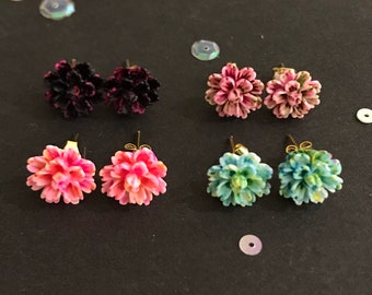 Carnation Flower Stud Earrings, Vintage Style coloured flower Earrings, Floral Jewellery