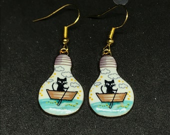 Cat light bulb earrings in blue white and gold, Vintage Style Dangly Earrings with kitten in a boat, Cat Earrings, Cat Jewelry