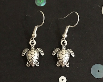 Silver Sea Turtle Earrings, Vintage Style Dangly Charm Earrings, Turtle Jewelry