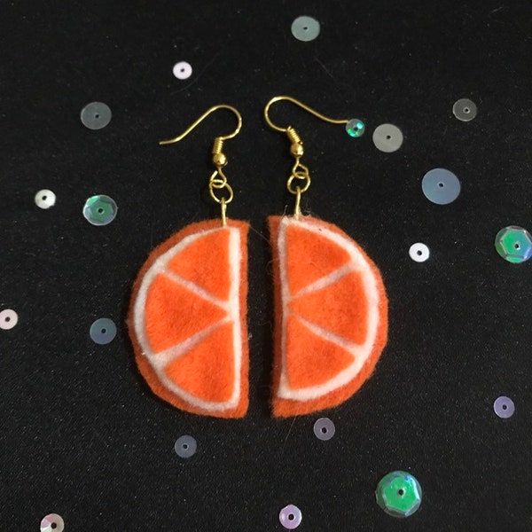 Felt Orange Fruit Earrings, Fruit jewelry, Dangly Orange Segment Earrings