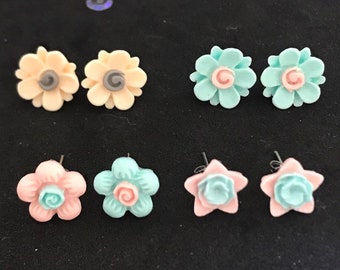 Pastel Flower Stud Earrings, Vintage Style coloured flower Earrings, Floral Jewelry