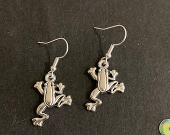 Silver Frog Earrings, Vintage Style Dangly Charm Earrings, Frog Jewelry