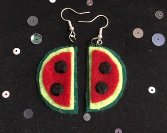 Water Melon Earrings, Fruit jewelry, Felt Fruit Earrings with Sequins